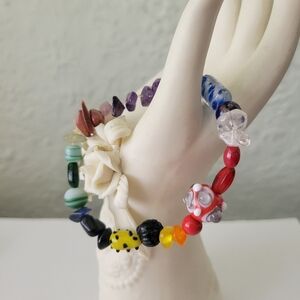 Lampwork Art Glass Stretchy Beaded Bracelet 7.25" Whimsy Stone Chips Artisan
